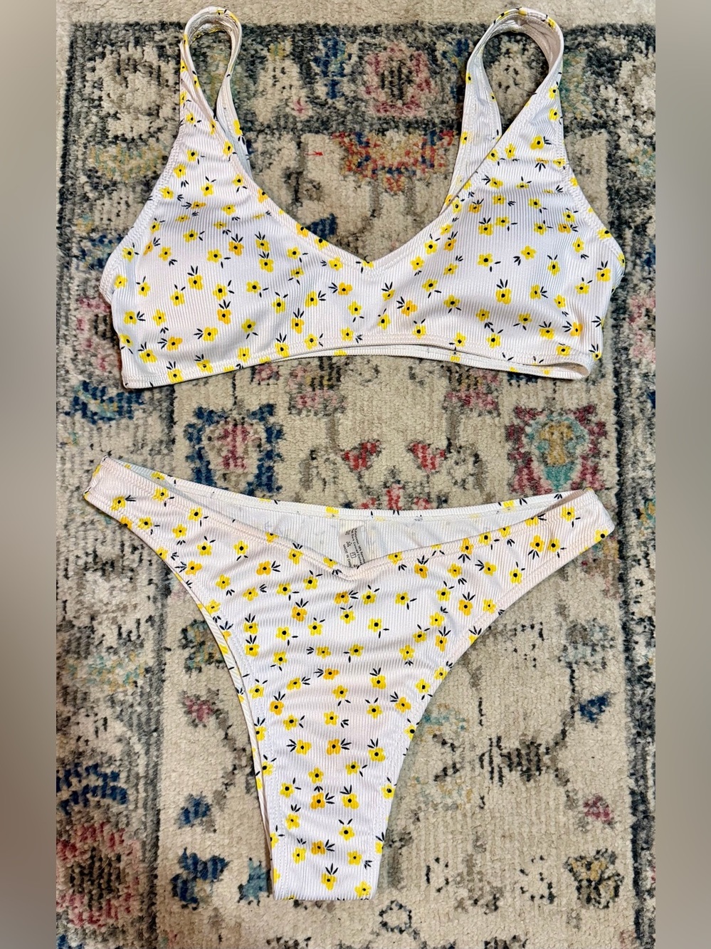 SHEIN White Yellow Floral Ribbed Bikini Set